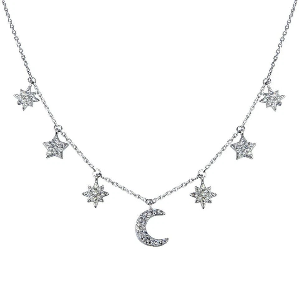 Sterling Silver 925 Rhodium Plated CZ Star and Crescent Moon Necklace - GMN00089
