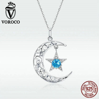 Voroco 925 Sterling Silver Moon Star Pendant Necklace Blue CZ Chain Jewelry