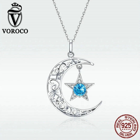 Voroco 925 Sterling Silver Moon Star Pendant Necklace Blue CZ Chain Jewelry