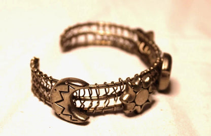 Midieval Wired Cuff Bracelet Half Moon Star Sun Seashell Sterling Silver