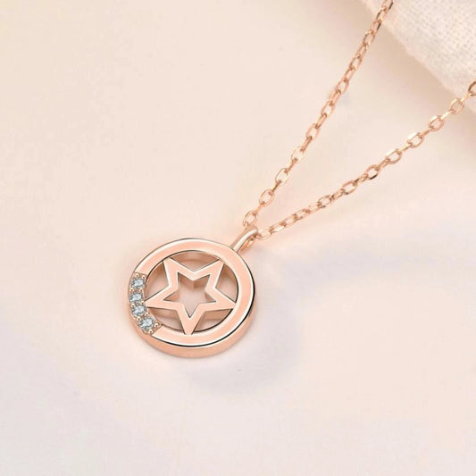 Casual Hollow Star CZ 925 Sterling Silver Necklace,Rose Gold,Pendant,Jewelry