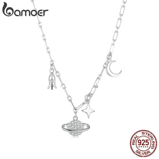 BAMOER 925 Sterling Silver Star Moon Rocket Necklace Gift Women Jewelry Wedding