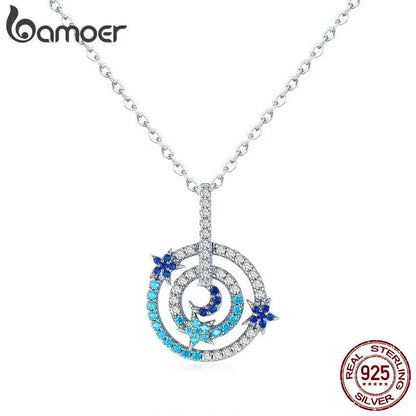BAMOER S925 Sterling Silver Moon Star Necklace Pendant PowerCZ Women Jewelry