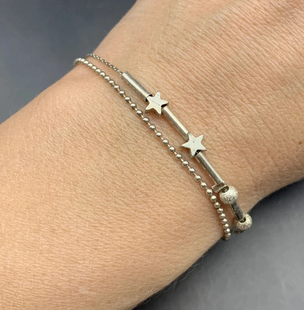 Dainty Layered Bracelet Star Beaded Layered Bead Chain Silver Tone Adjustable