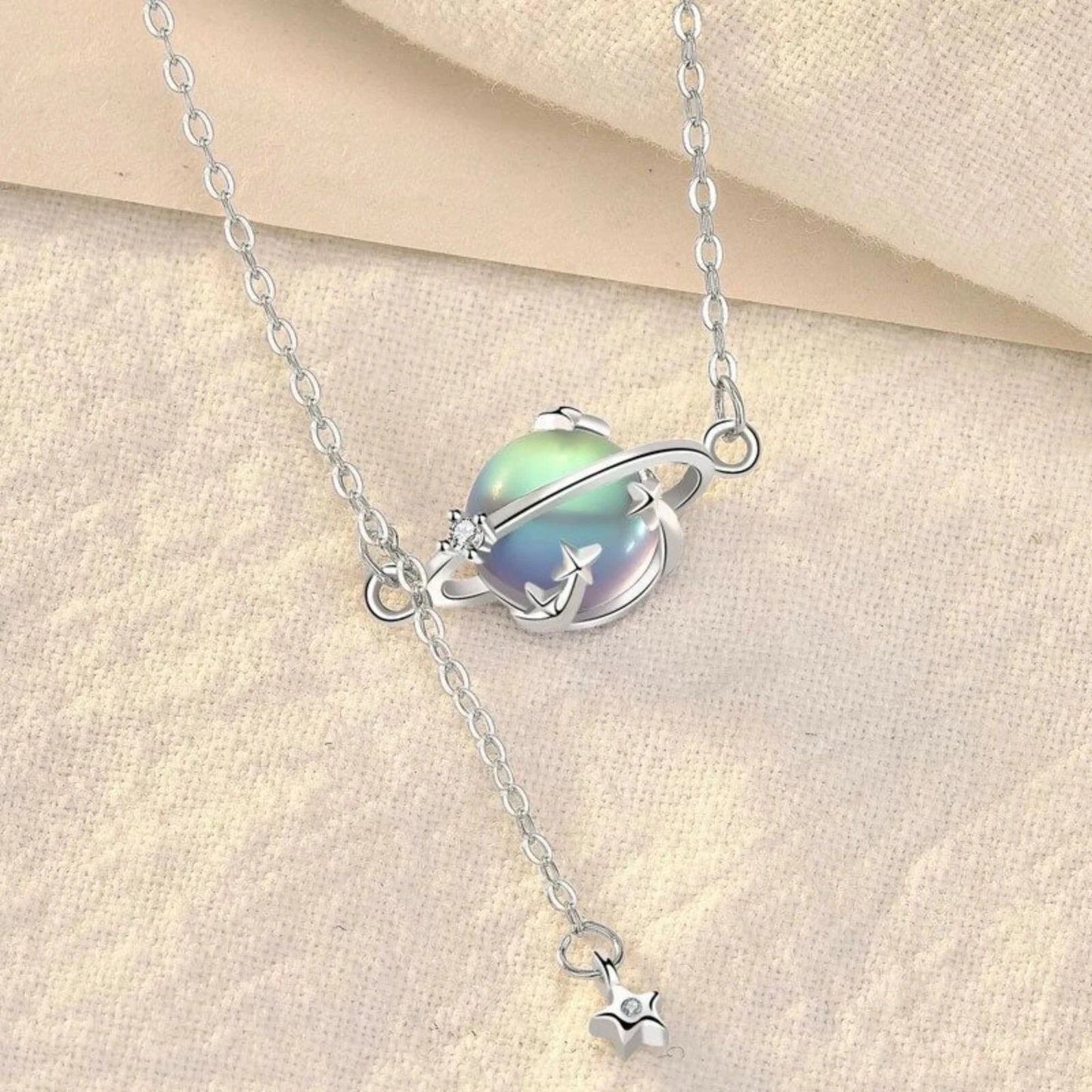 Gift Round Moonstone Planet Stars 925 Sterling Silver Necklace Jewelry Women