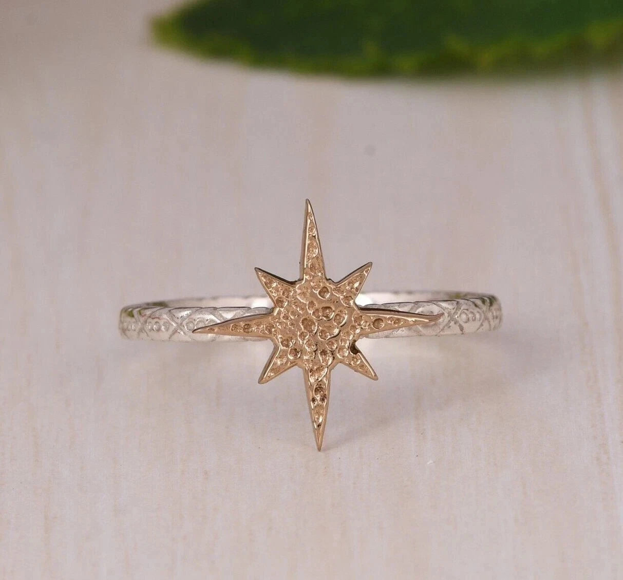 Handmade Textured Design 925 Sterling Silver & Gold Plated With Star Shape Ring