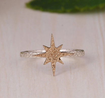 Handmade Textured Design 925 Sterling Silver & Gold Plated With Star Shape Ring