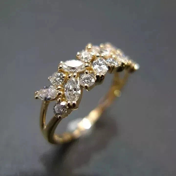 Marquise & Round Diamond Engagement Band Ring 14K Yellow Gold FN Wedding Gift