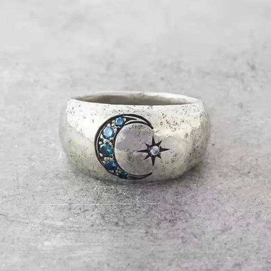 Woman's Silver Toned Moon & Star Ring Size 8