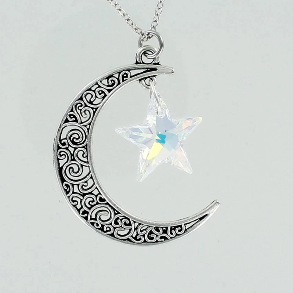 CRESCENT MOON with Crystal Star Necklace on Chain Sparkling Clear AB Aurora NEW