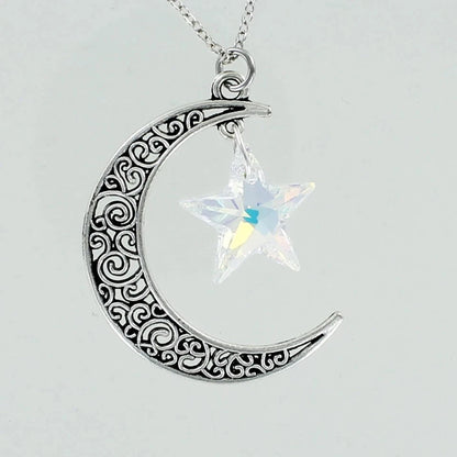 CRESCENT MOON with Crystal Star Necklace on Chain Sparkling Clear AB Aurora NEW