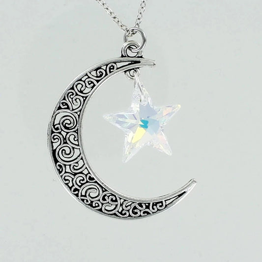 CRESCENT MOON with Crystal Star Necklace on Chain Sparkling Clear AB Aurora NEW