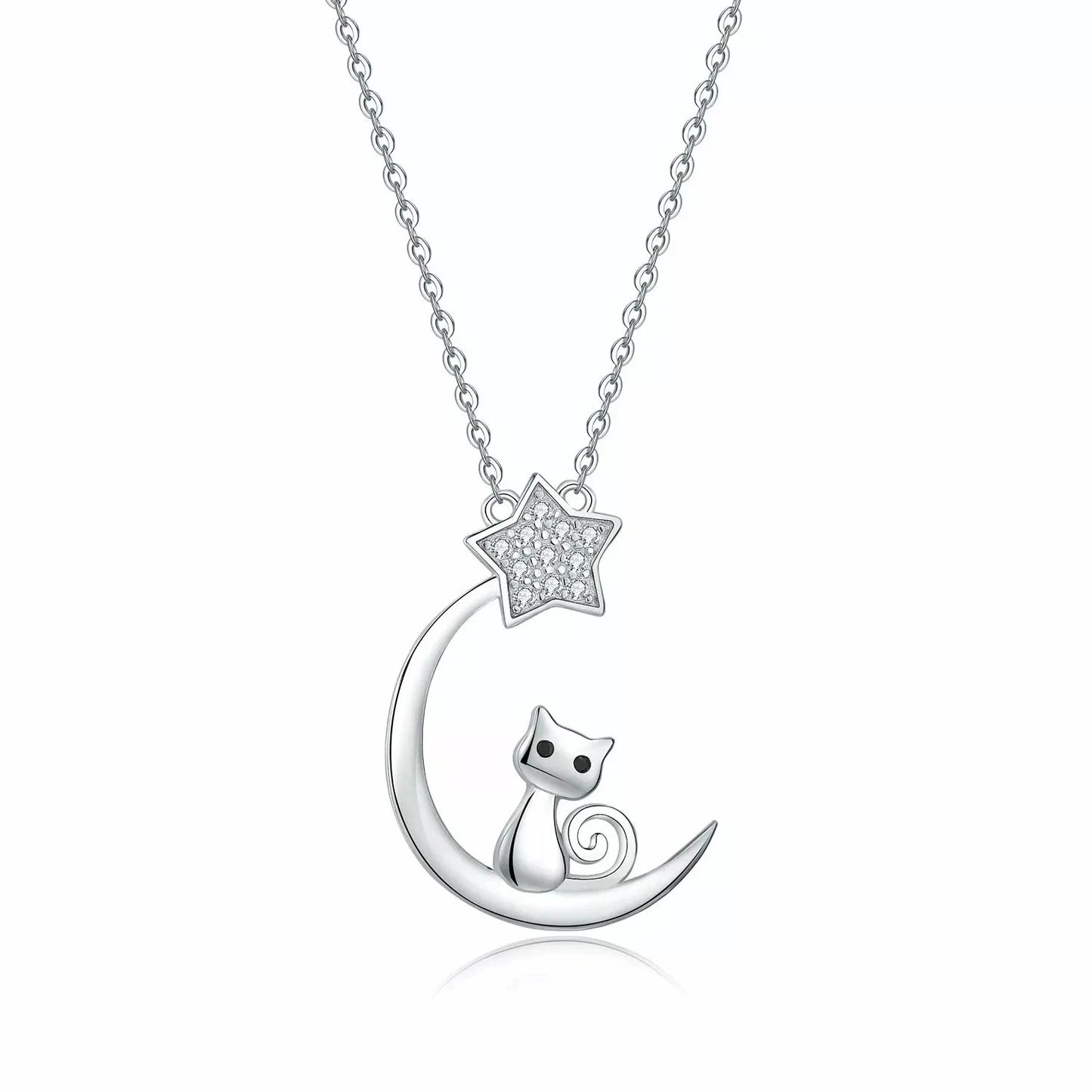 Crescent Moon Cat CZ Star Pendant Necklace 925 Sterling Silver Jewelry Women's