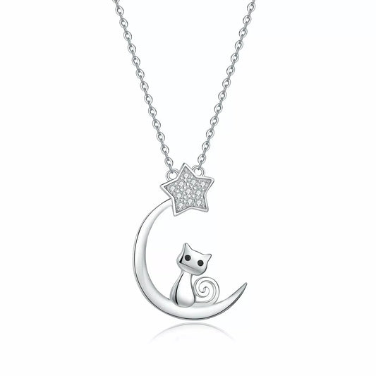 Crescent Moon Cat CZ Star Pendant Necklace 925 Sterling Silver Jewelry Women's