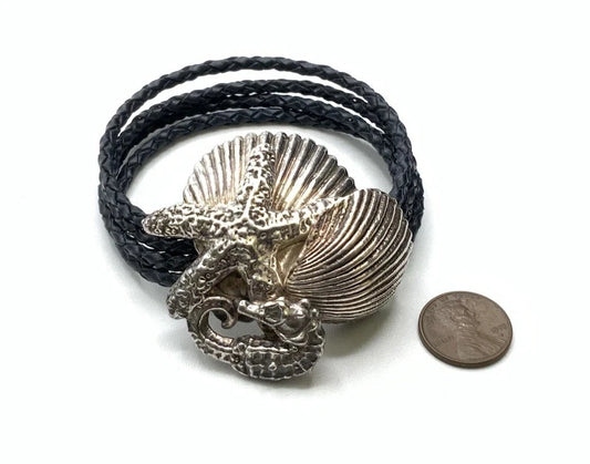 Vintage Bat Ami Israel Sterling Silver Leather Star Fish & Sea Horse Bracelet