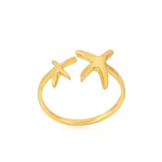 Sterling Silver Double Starfish Adjustable Ring Gold Ocean Lover Gift Jewelry