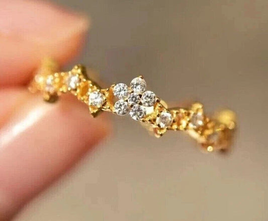 2 Ct Round Cut Simulated Diamond Flower & Star Shape Ring 14k Yellow Gold Plated