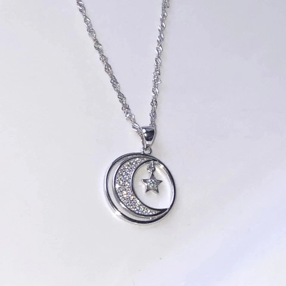 Crescent Moon Star 925 Necklace White Pavè Crystal with Dangling Charm 18-20”