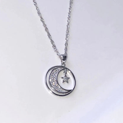 Crescent Moon Star 925 Necklace White Pavè Crystal with Dangling Charm 18-20”
