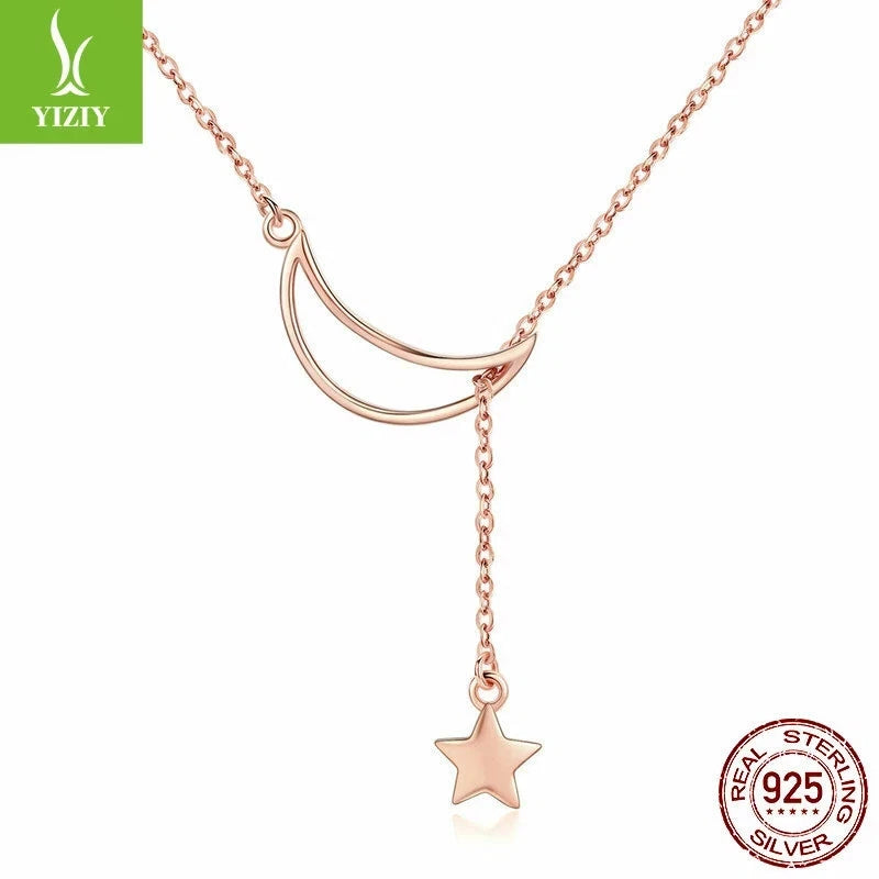 Authentic Moon Star 925 Sterling Silver Necklace Women Chain Rose Gold Jewelry