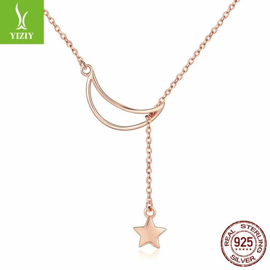 Authentic Moon Star 925 Sterling Silver Necklace Women Chain Rose Gold Jewelry
