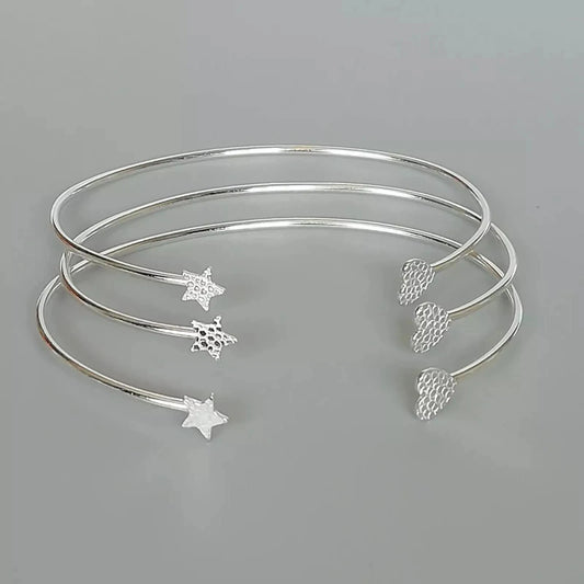 925 Sterling Silver Heart & Star Bangle Open Ended Minimalist Bracelet op170