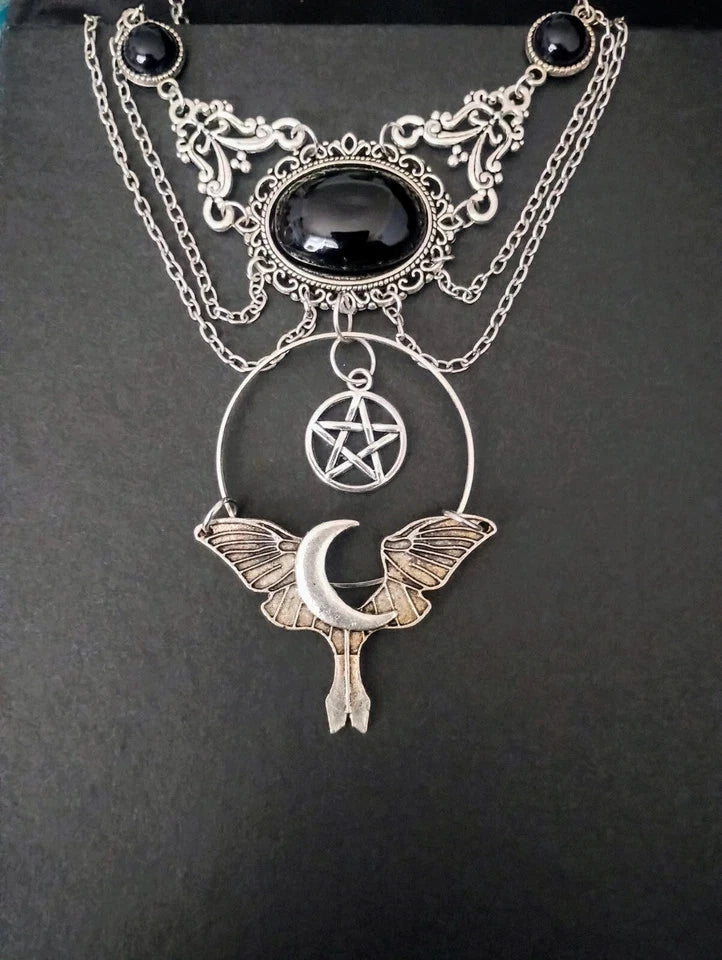 Beautiful Black Gothic Moon Star Statement Necklace on Silver Colour Chain New