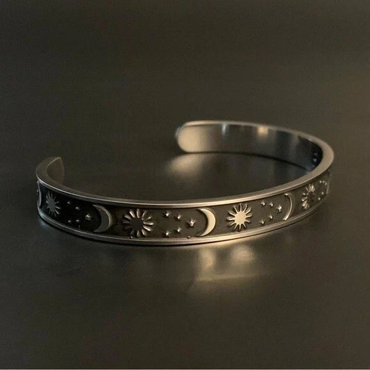 Stainless Steel Celestial Design Sun & Moon Adjustable Cuff Bracelet For Her