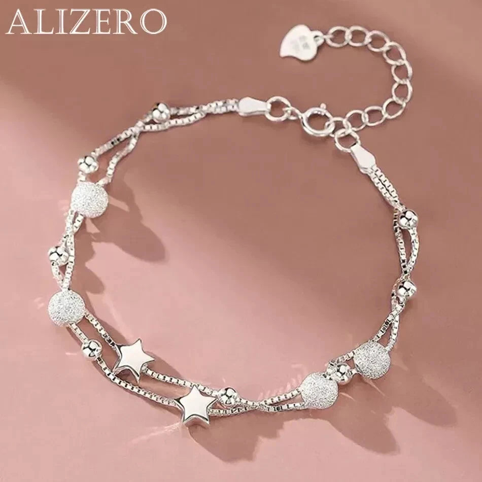 ALIZERO 925 Sterling Silver Frosted Beads Stars Bracelets Chain Women Jewelry