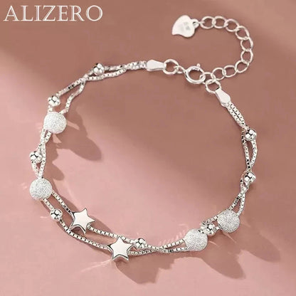 ALIZERO 925 Sterling Silver Frosted Beads Stars Bracelets Chain Women Jewelry