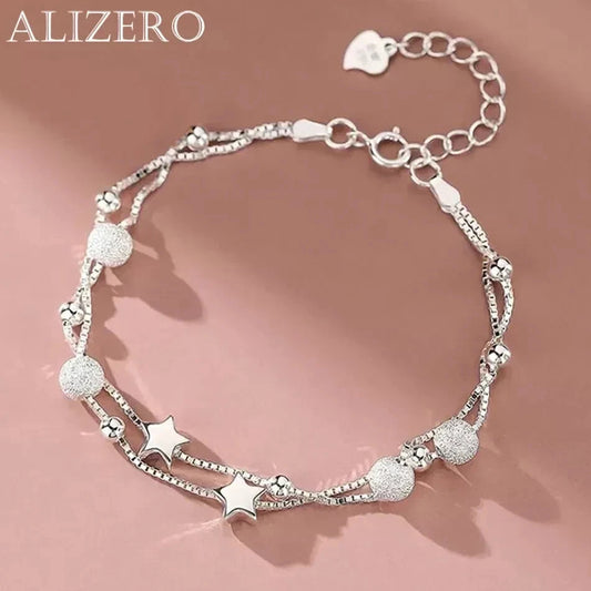 ALIZERO 925 Sterling Silver Frosted Beads Stars Bracelets Chain Women Jewelry