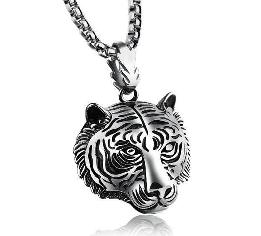 Gothic Men's Stainless Steel Solid Tiger Head Pendant Chain Necklace Casting 24'