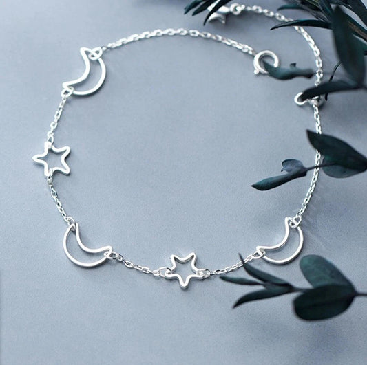 Fashion Women 925 Sterling Silver Hollow Moon Star Chain Hand Bracelet 6-7.5"