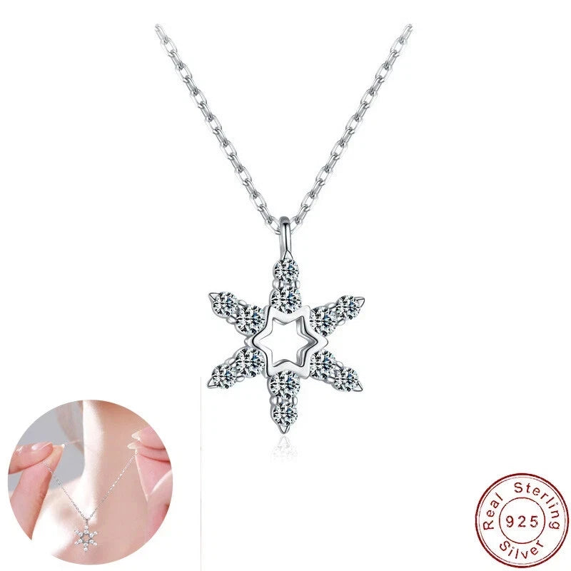 AAA CZ Star Snowflakes S925 Sterling Silver Necklace Clavicular Chain For Women