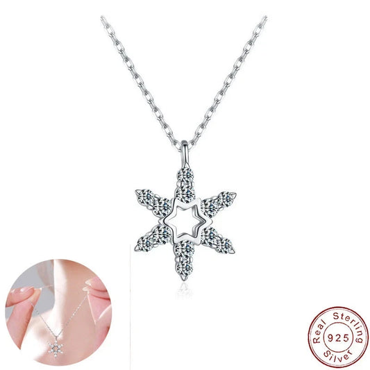 AAA CZ Star Snowflakes S925 Sterling Silver Necklace Clavicular Chain For Women
