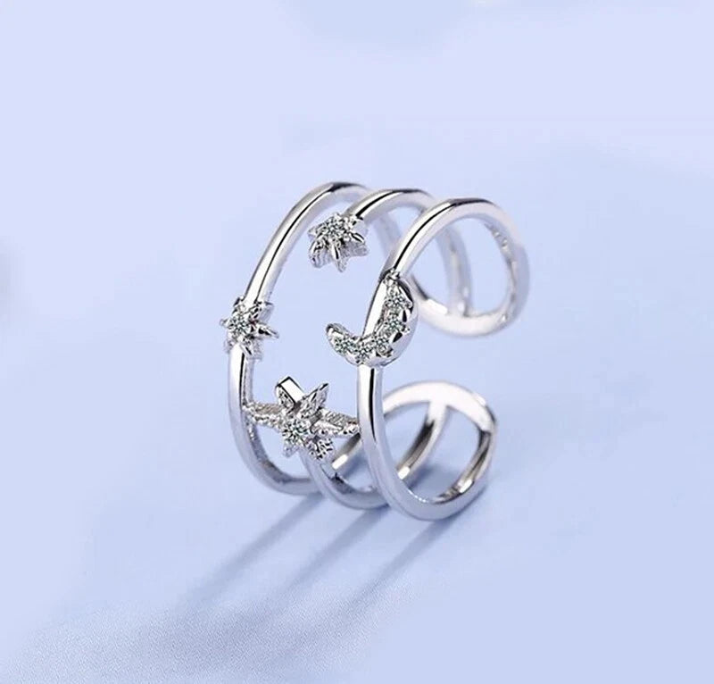 Crystal Moon Star 925 Silver Rings Adjustable Rings