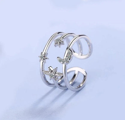 Crystal Moon Star 925 Silver Rings Adjustable Rings