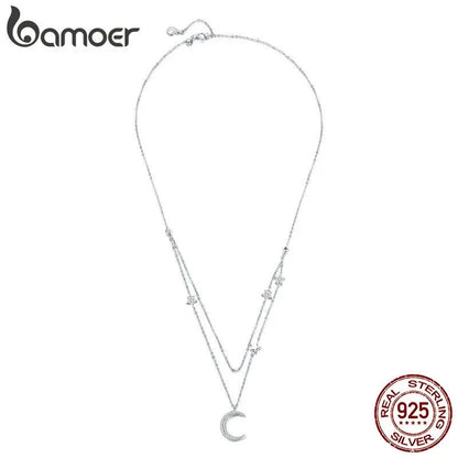 BAMOER S925 Sterling Silver necklace chain Moon&stars With CZ For Women Jewelry