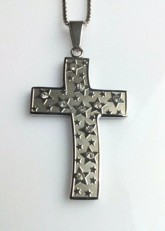 Stainless Steel Curved Cross With Cubic Zirconia Stars Necklace