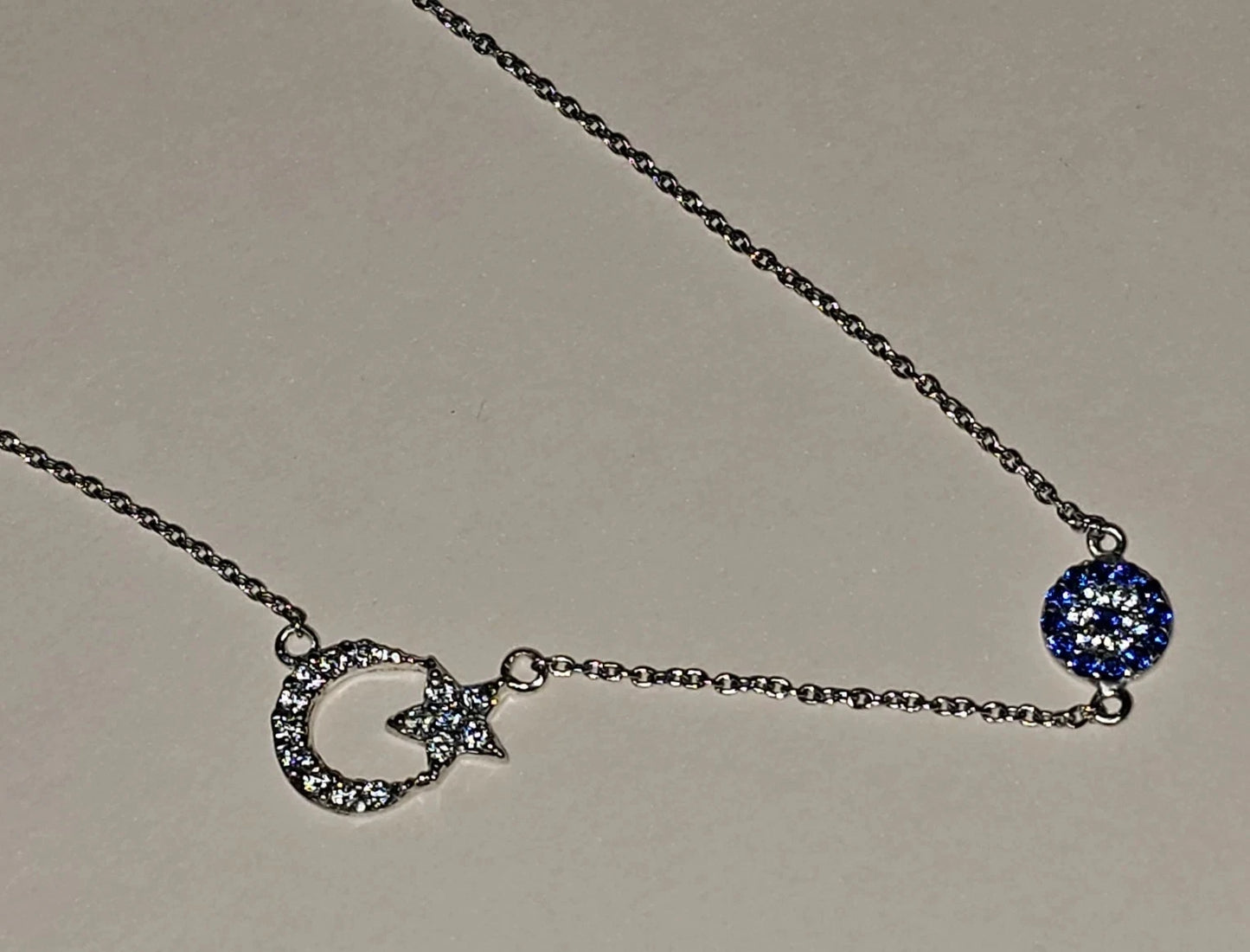 Blue Evil Eye With Crescent Moon And Star On 925 Silver Chain Necklace Jewelry