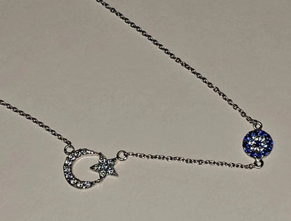 Blue Evil Eye With Crescent Moon And Star On 925 Silver Chain Necklace Jewelry