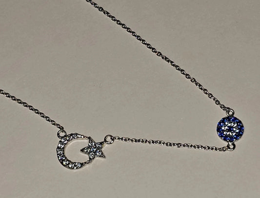 Blue Evil Eye With Crescent Moon And Star On 925 Silver Chain Necklace Jewelry