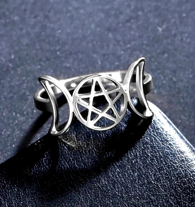 925 Sterling Silver Triple Moon Goddess Symbol Crescent Star Ring for Women Gift