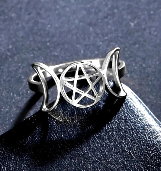 925 Sterling Silver Triple Moon Goddess Symbol Crescent Star Ring for Women Gift