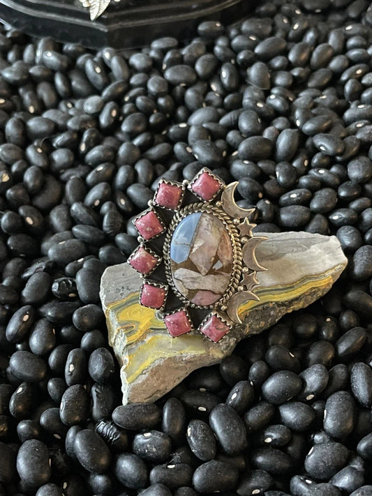 Sterling Silver Pink Rhodonite Multistone Stars & Moons Adjustable Ring~Stamped