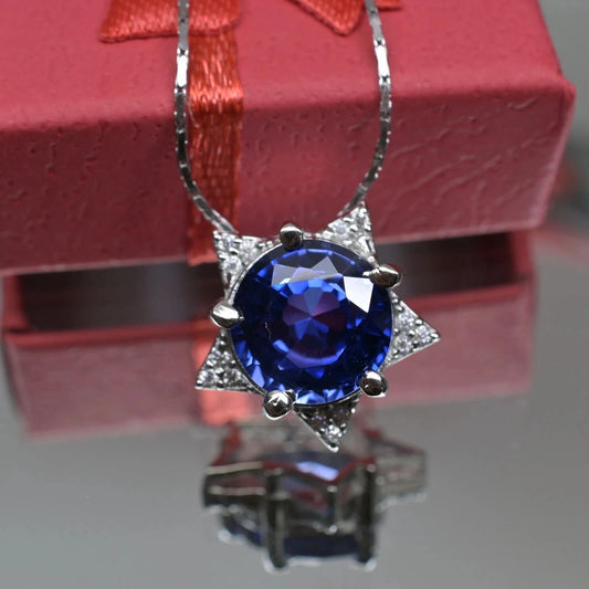 Certified 22 Ct Natural Round Blue Sapphire Pendant – Star Design in 925 Silver