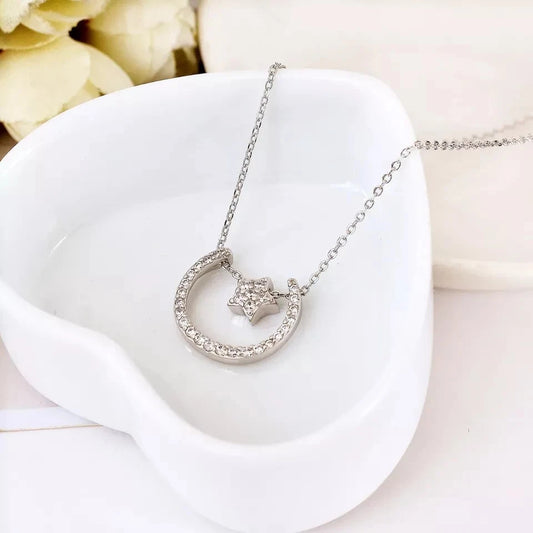 Women 925 Sterling Silver Cute Crescent Moon Star Charm Pendant Necklace Jewelry