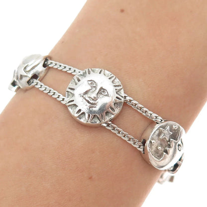 925 Sterling Silver Vintage Sun Crescent & Star 2-Strand Curb Link Bracelet 6.5"