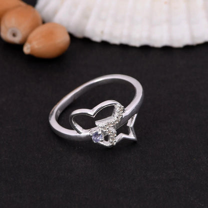 Elegant Love Heart & Star Ring in 925 Silver With Tanzanite For Christmas Gift