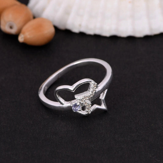 Elegant Love Heart & Star Ring in 925 Silver With Tanzanite For Christmas Gift
